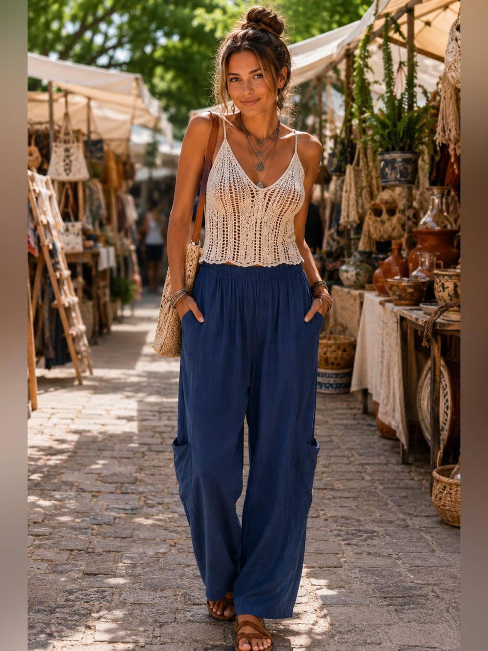 NWT Rhea Ava Pants Denim Blue 100% Cotton Gauze Wide Leg Boho L/XL A25
